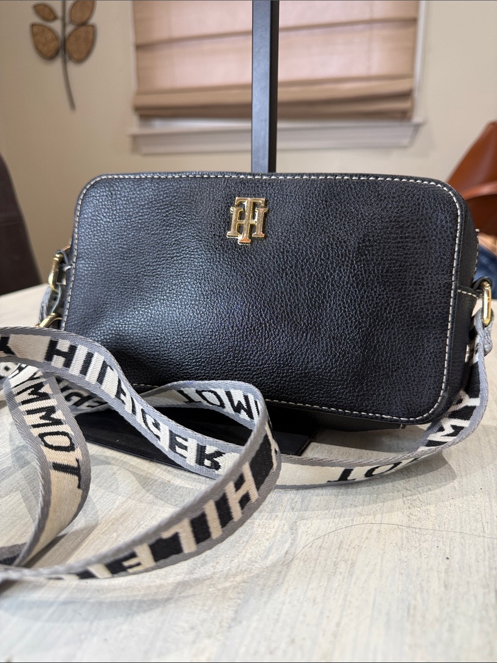 Tommy Hilfiger Black Leather Crossbody with Branded Woven Strap